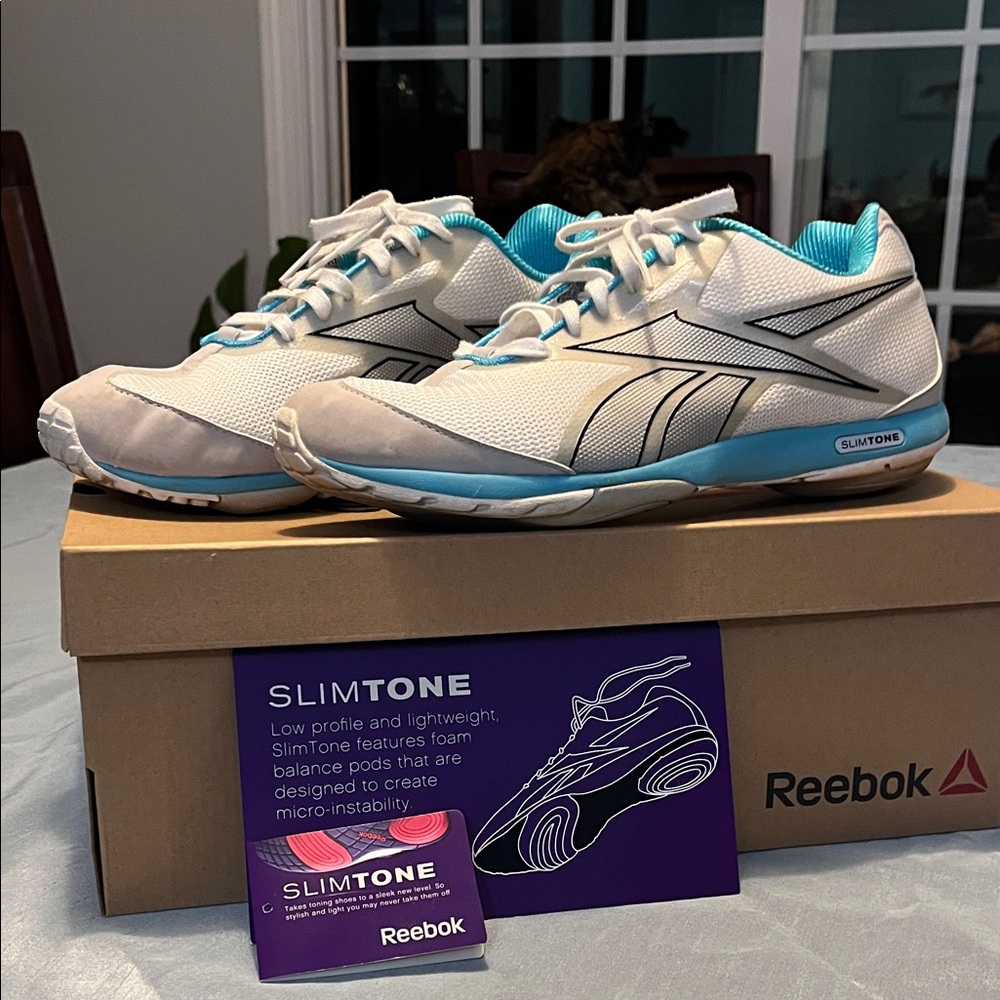 Reebok SlimTone White and Aqua Trainers Shoes